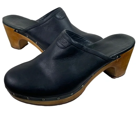 UGG Abbie Sz 9 Wooden Platform Clogs Mules Shoes Black Leather Fur Lined Studded - Picture 2 of 12